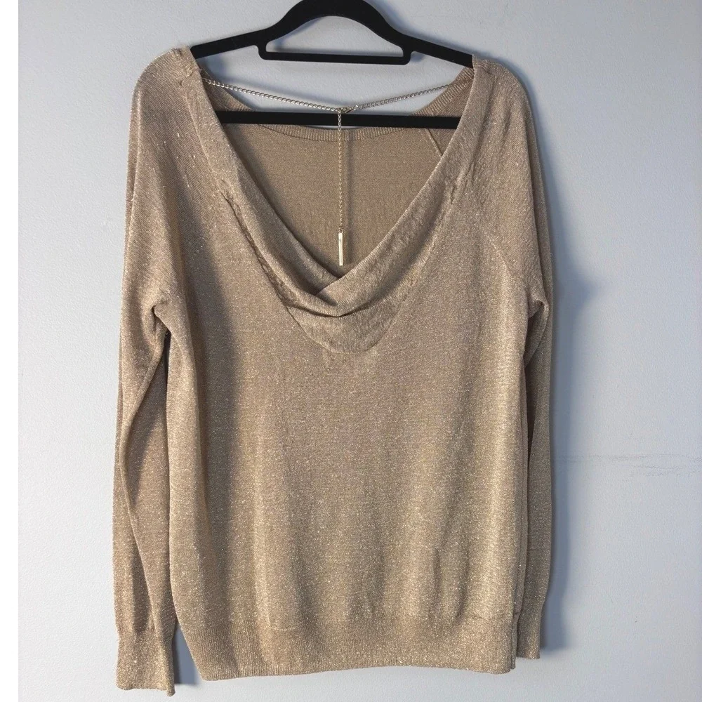 MICHAEL KORS Gold Metallic Shimmer Cowl Back Chain Detail Knit Sweater‎ Medium